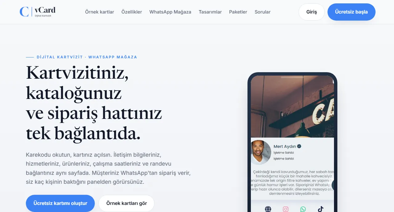 vCard — dijital kartvizit ve WhatsApp mağaza